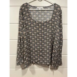 LOFT Navy Floral Peasant Blouse | Long Sleeve Boho Square Neck Career Top Size L